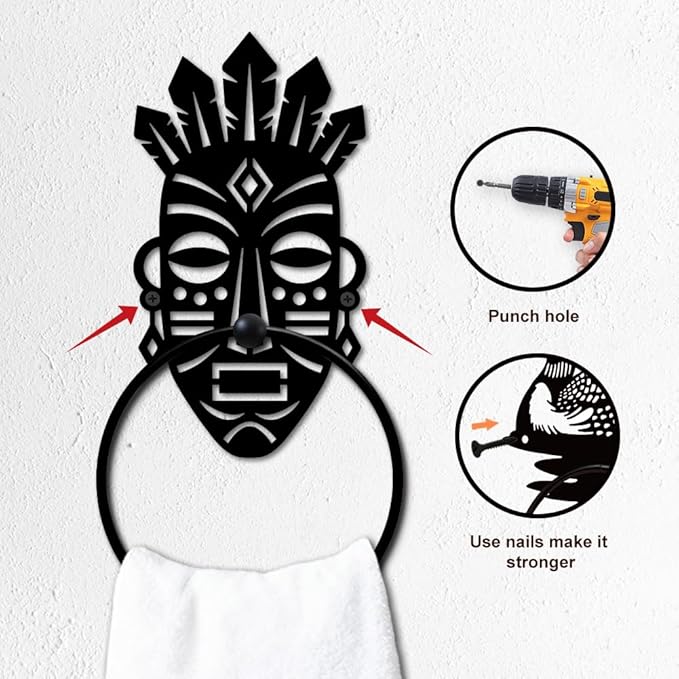 MAYJOYDIY Tribal Face Metal Towel Ring Round African Theme Hand Towel Holder Primitive Ring Hanger Wall Mount Black Vintage Towels Wall Organizer for Kitchen Bath Home Laundry Room Decors Gifts