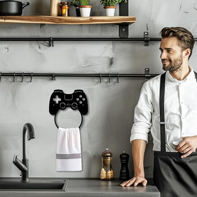 MAYJOYDIY Game Controller Metal Towel Ring Gamepad Shaped Sign Towel Holder for Gamer Room Decor Gamepad Black Art Towel Rack Wall Mounted for Bathroom Kitchen Home Boys Room Decors Gift