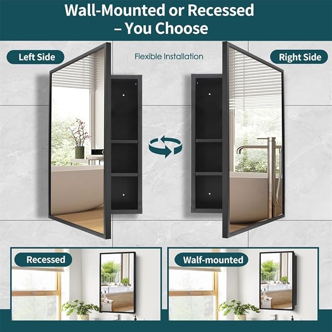 Movo 20 inch x 26 inch Medicine Cabinet with Mirror,Black Recessed or Surface Mounted Mirrored Medicine cabinets for Bathroom