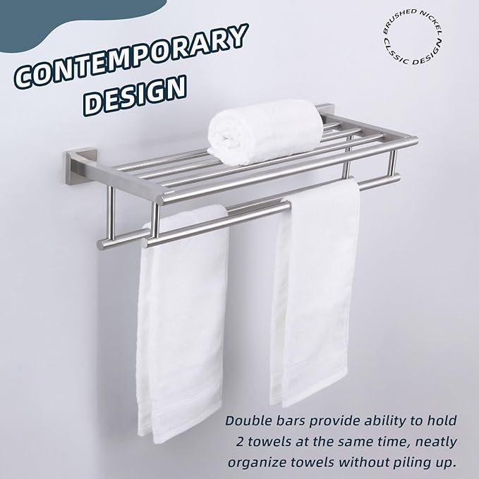 Towel Rack for Bathroom Brushed Nickel, Angle Simple SUS304 Stainless Steel Bath Towel Holder with Shelf for Wall 23.62 Inches