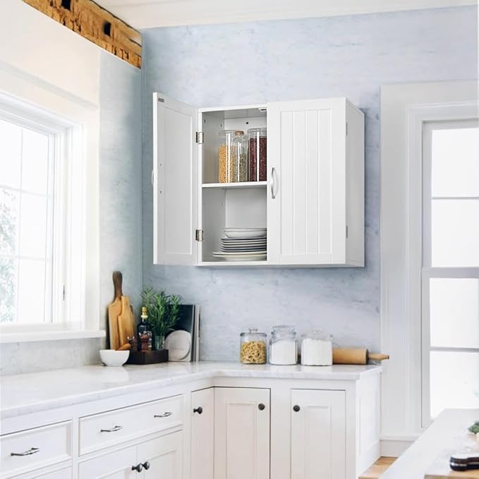 Yaheetech Bathroom Wall Cabinet, Medicine Cabinet with 2 Doors and Adjustable Shelf Cupboard Unit, Over The Toilet Storage Organizer for Living Room, Kitchen, Laundry