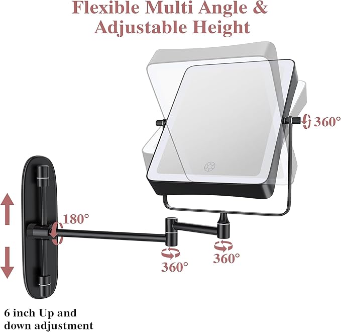 Wall Mounted Lighted Makeup Mirror, Rectangle Double Sided 1X/10X Magnifying Bathroom Height Adjustable Mirror, 6000mAh Rechargeable 3 Color and Dimmable Lights, 360 Rotation Shaving Vanity Mirror