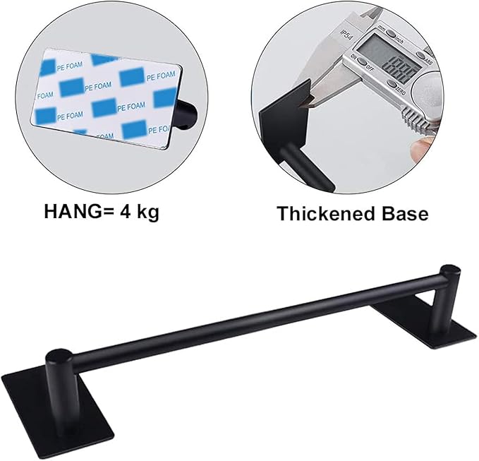 NearMoon Self Adhesive Bathroom Towel Bar- Stainless Steel Bath Wall Shelf Rack Hanging Towel Stick On Sticky Hanger Contemporary Style, NO Drilling (1 Pack, Matte Black, 12-Inch Towel Rack)