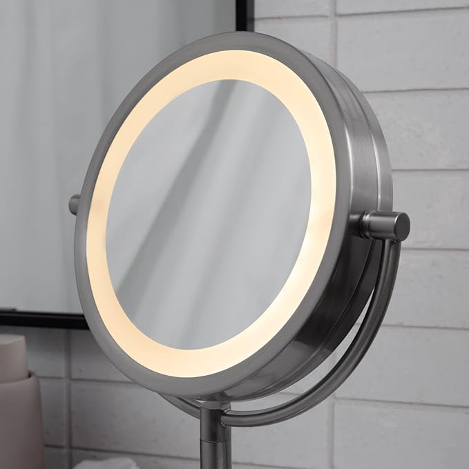 JERDON Lighted Tabletop Mirror with 10X/1X Magnification - LED Lighted Makeup Mirror with Multiple Light Settings in Nickel Finish - 8.5-Inch Diameter Vanity Mirror - Model JS8510BN