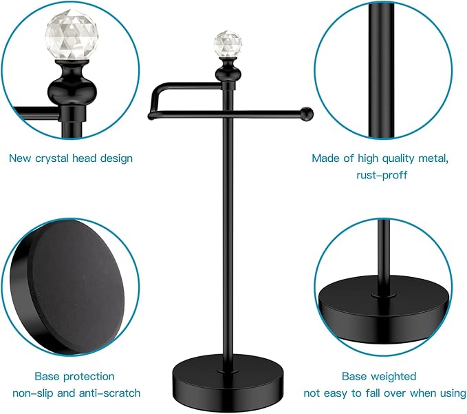 ROLABAM Heavy Weighted Hand Towel Holder(with Crystal Ball) Standing Hand Towel Holder Total Height 15.7'' for Kitchen,Bathroom,Vanity,Classic Decorative Metal Hand Towel Stand,Matte Black