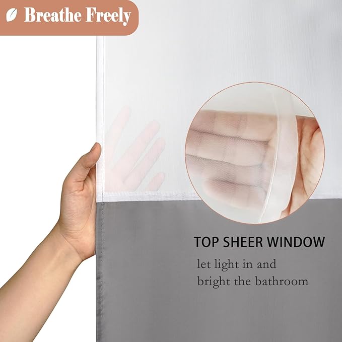 UFRIDAY Extra Long Shower Curtain 84 inch,Light Grey and White Fabric Polyester Bathroom Curtain Liner with Mesh Filtering Window and Weighted Bottom Hem, Machine Washable, 72 x 84 Inches