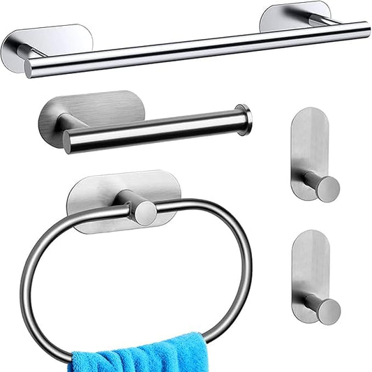 Bathroom Hardware Set, 16" Bathroom Towel Holder with Toilet Paper Holder, Towel Ring, Towel Hook, Bathroom Accessories for Kitchens, Laundry Rooms (5, Sliver)