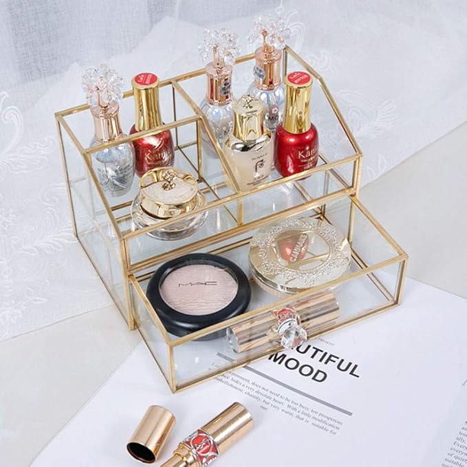 YUEHUA Clear Makeup Organizer, Glass Jewelry Display Box, Gold Makeup Nail Polish Lipsticks Eyeliners Holder Organizer for Vanity Bathroom Office