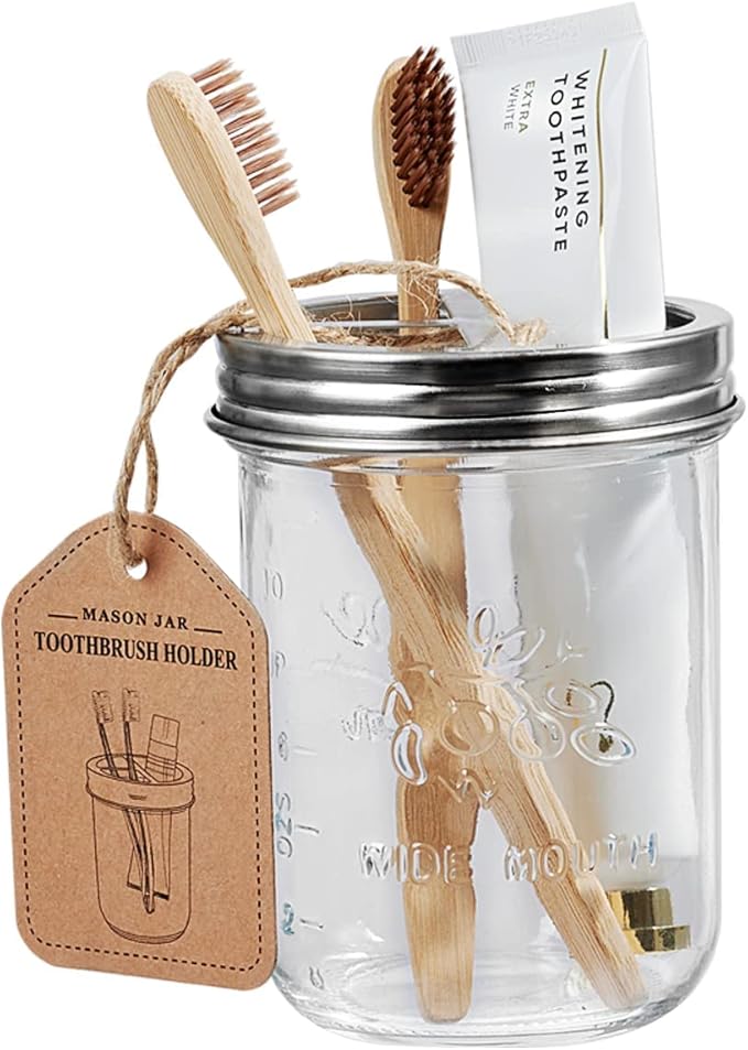 Amolliar Mason Jar Bathroom Accessories Set(4 Pack) - Foaming Soap Dispenser&Qtip Holder &Toothbrush Holder-Rustic Farmhouse Decor Bathroom Organizer Apothecary Jar Country Countertop (Brushed Nickel)