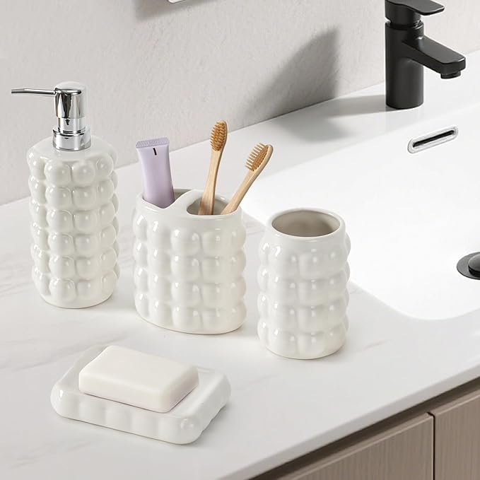 4 Piece Ceramic Bathroom Accessories Set –Soap Dispenser,Toothbrush Holder,Tumbler & Soap Dish,Includes Silicone Funnel,Non-Slip,Modern Farmhouse Countertop Organizer Set for Bathroom Decor, White