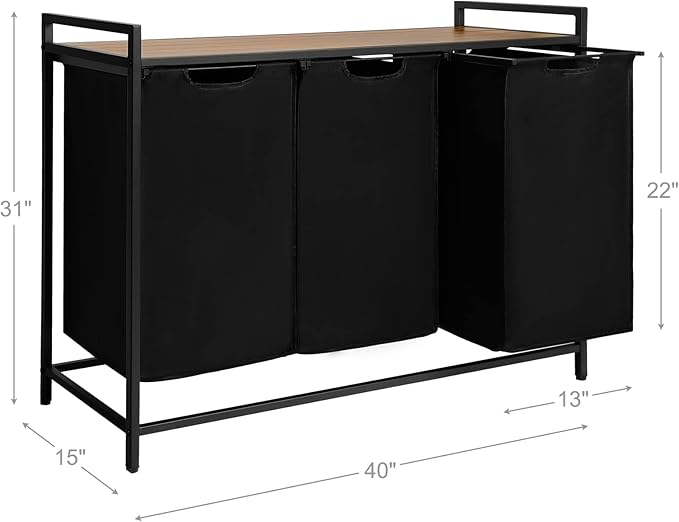 Graciadeco Pull Out Laundry Hamper 3 Compartment Laundry Sorter with Shelf 3 Section Laundry Basket with 3 x 16 Gallons Removable Bags for Laundry Room Bathroom and Dorm, Black