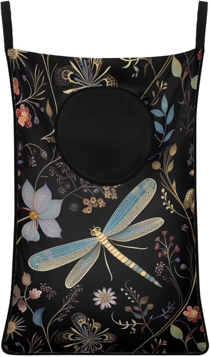 ZFRXIGN Dragonfly Hanging Hamper Flower Laundry Bag Boho Laundry Baskets Over Door Laundry Hamper Space Saving Storage Organizers Dirty Clothes Hampers for Girls Gifts Reusable Black