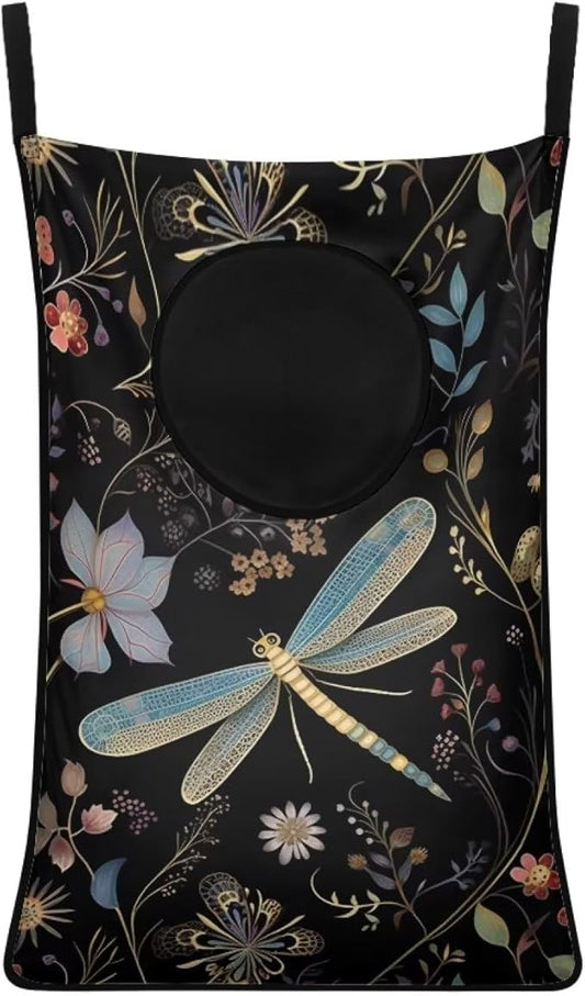 ZFRXIGN Dragonfly Hanging Hamper Flower Laundry Bag Boho Laundry Baskets Over Door Laundry Hamper Space Saving Storage Organizers Dirty Clothes Hampers for Girls Gifts Reusable Black