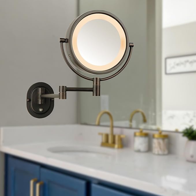 JERDON Wall-Mounted Magnifying Mirror with LED Lights - Lighted Makeup Mirror with 5X Magnification - Plug in - Bronze Finish, Model HL65BZ