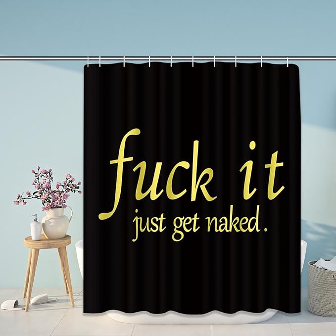ArtSocket 4PC Black Funny Get Naked Shower Curtain Sets Bathroom Decor with Rugs, Non-Slip Rug,Toilet Lid Cover, Bath Mat and 12 Hooks 72x72 inches