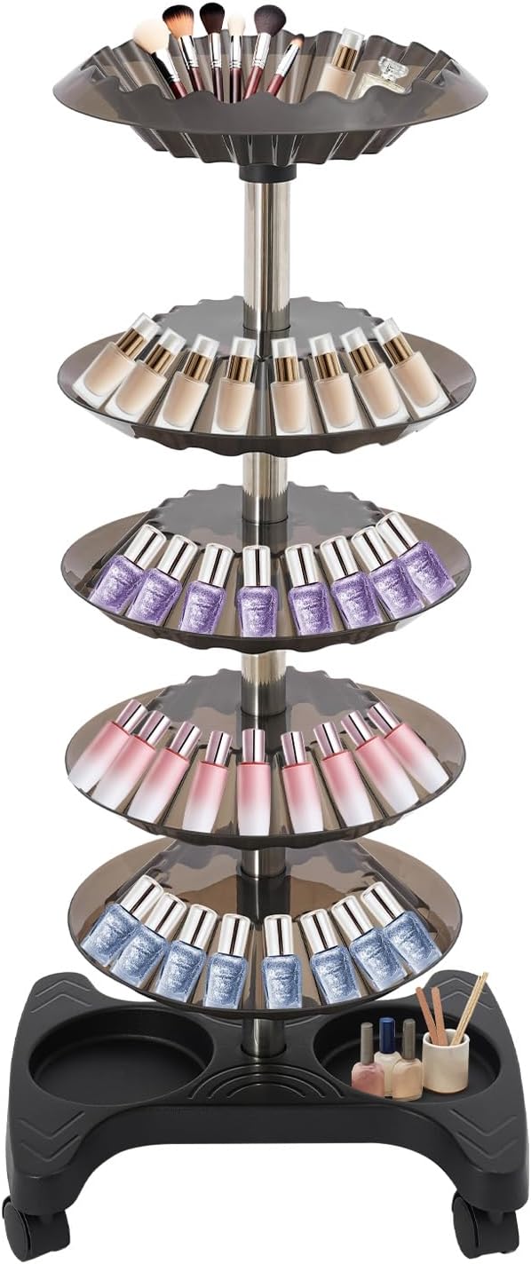 Nail Polish Trolley Organizer, 5 Tiers 360° Rotating Tray Nail Polish Spinning Rack Display Stand with Wheels, Display Rolling Cart for Spa Home Use