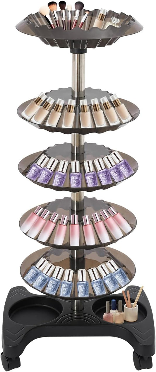 Nail Polish Trolley Organizer, 5 Tiers 360° Rotating Tray Nail Polish Spinning Rack Display Stand with Wheels, Display Rolling Cart for Spa Home Use