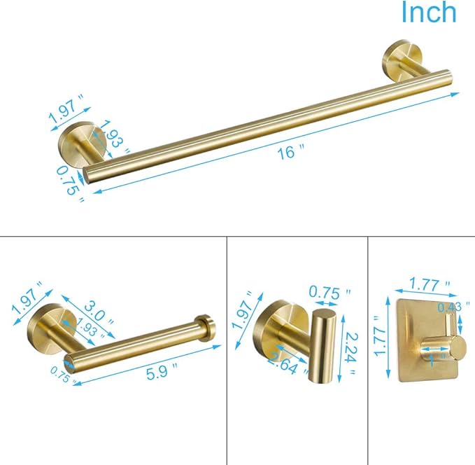 TocTen 5 PCS Bathroom Hardware Set SUS304 Stainless Steel-Towel Rack Set Include Lengthen Hand Towel Bar+Toilet Paper Holder+3 Robe Towel Hooks Bathroom Accessories Towel Bar Set(Brushed Gold,16IN)
