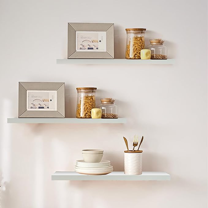 Floating Shelves for Wall, Rustic Wood Shelf for Room Decor/Storage/Display, Small Wall Mounted Hanging Shelves with 20lb Capacity for Bathroom, Living Room, Kitchen (White)