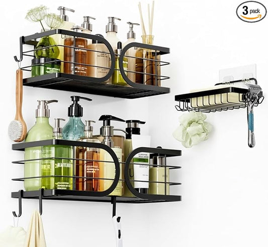 Shower Caddy 3 Pack Adhesive 304 Stainless Steel Shelves No Drill Durable Large Capacity Shower Rack Organizer Soap Holder Quick Dry Rustproof Bathroom Storage(Black)