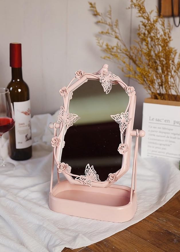 HSDDHOME Vintage Pink Gold Tabletop Makeup Mirror, Bird & Butterfly Decorative Vanity Mirror, 12.8” x 8.2” Retro Metal Standing Mirror for Dresser, Bedroom, and Bathroom (Pink)