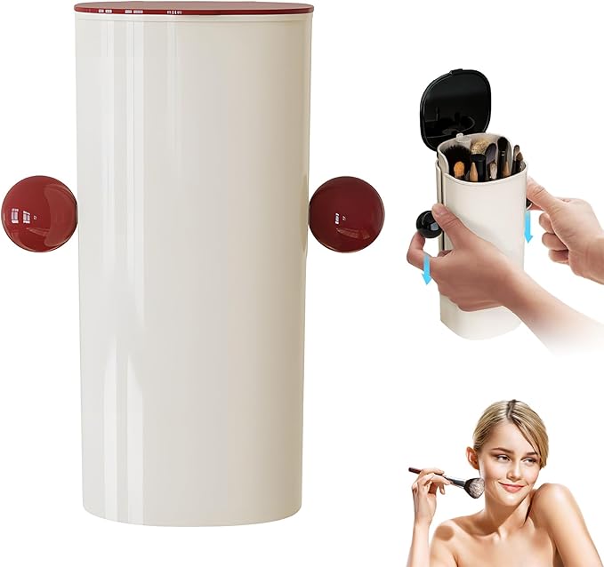 Atlodas Automatic Lifting Dustproof Four-compartment Makeup Brush Storage Tube, Makeup Brush Holder Organizer with Lid, Cosmetics Holders Storage for Vanity Desktop Bathroom (red)