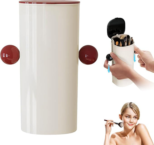 Atlodas Automatic Lifting Dustproof Four-compartment Makeup Brush Storage Tube, Makeup Brush Holder Organizer with Lid, Cosmetics Holders Storage for Vanity Desktop Bathroom (red)