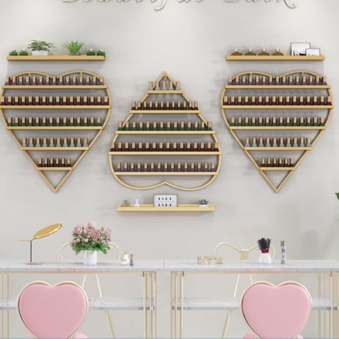Nail Polish Storage Racks 5-Tier - Wall-Mounted Iron Display Rack for Nail Salons and Beauty Shops (Gold)