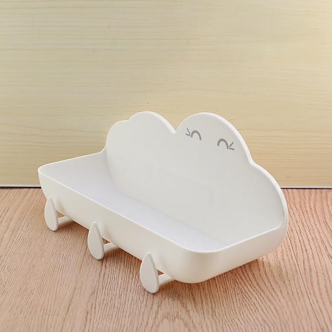 Veemoon Cloud-Shaped Wall-Mount Shelf Bathroom Storage Rack with Hooks White Metal Hanging Organizer for Home Accessories and Bathroom Essentials