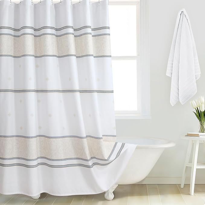 Fabric Shower Curtain, Waterproof for Bathroom with White Cream Black Print, 72” W x 72” H