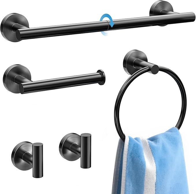 Matte Black 5 Piece Bathroom Hardware Set, SUS304 Stainless Steel Bath Towel Bar Set, 24 Inch Round Bathroom Accessories Kit Wall Mounted, Minimalist Design for All Bathrooms (Matte Black)