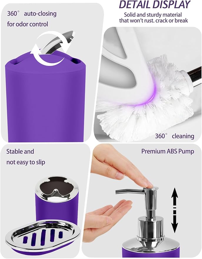 Lnond Purple Bathroom Set, 22-Piece Purple Geometic Bathroom Decor Set with with Shower Curtain and Rugs, Trash Can, Toilet Brush Holder Set & Soap Dispenser