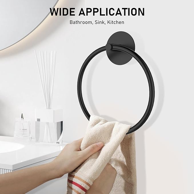 SetSail Towel Holder, Adhesive Hand Towel Holder for Bathroom Wall Stainless Steel Towel Ring Matte Black Towel Hanger Heavy Duty Towel Racks for Bathroom, Kitchen, 2 Pack