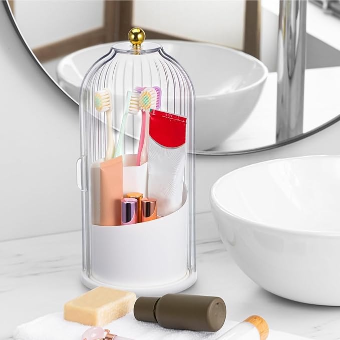 NOLITOY Concealed Toothbrush Holder, Rotating Makeup Brush Organizer with Sliding Lid Dustproof Waterproof Toothpaste Storage for Counter Bathroom (White)