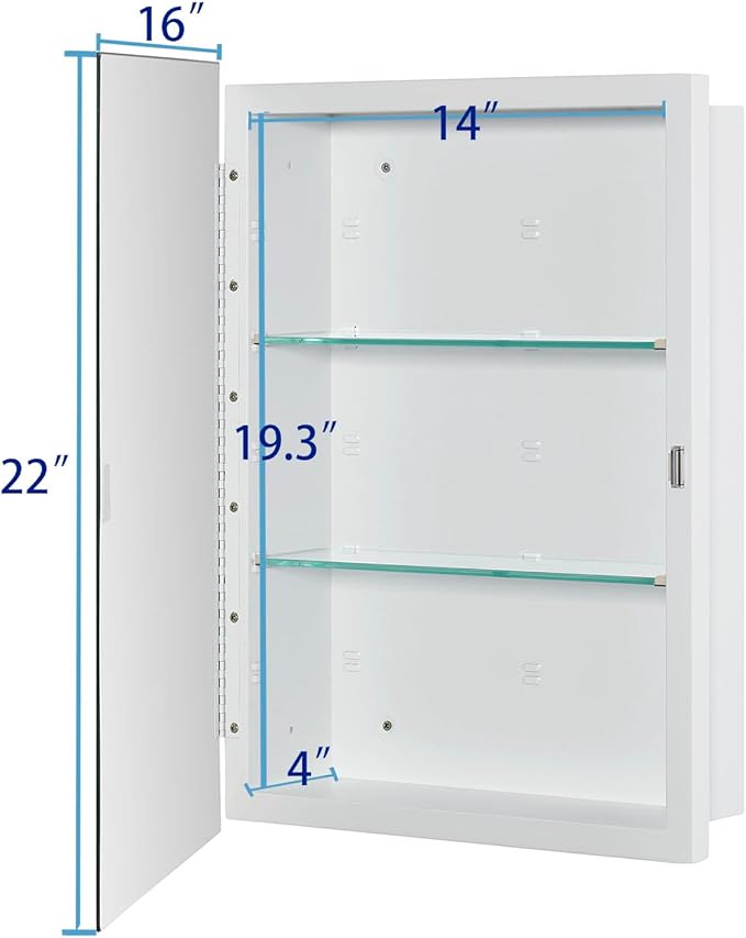 IDYLLOR Bathroom Medicine Cabinet with Beveled Edge Mirrored Door 16 x 22 inch, Recessed or Surface Mount, with Adjustable Glass Shelves