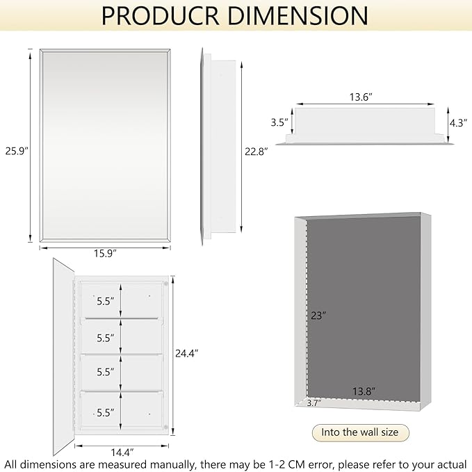 16"x26" Medicine Cabinet,HD Bathroom Mirror Cabinet with Beveled Mirror,Removeable Shelves, Recessed and Surface Mount,Frameless Bathroom Mirror with Storage