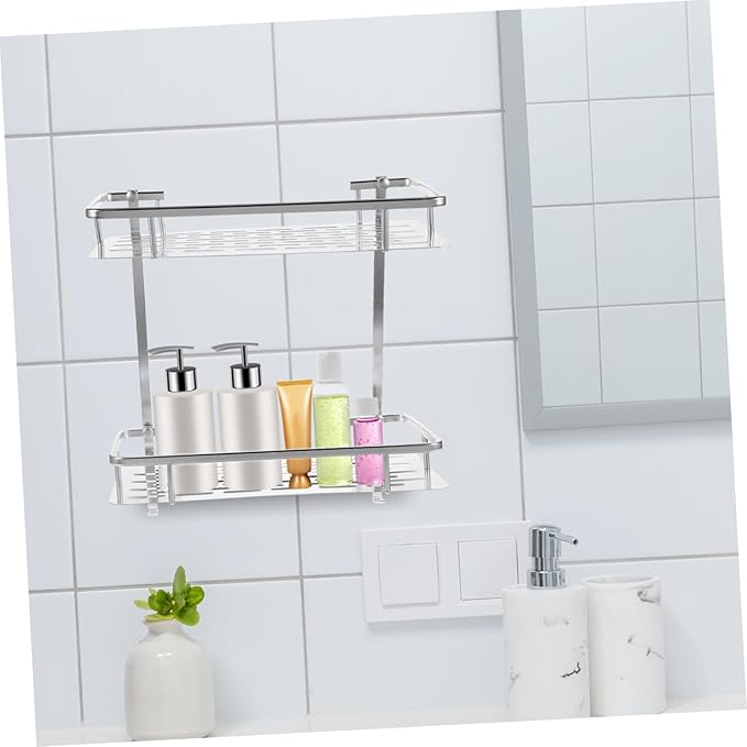 PRETYZOOM Bathroom Wall-Mounted Storage Rack Double Layer Aluminum Shelf Toilet Organizer for Bathroom Black Metal Design Space-Saving Solution for Sundries Storage