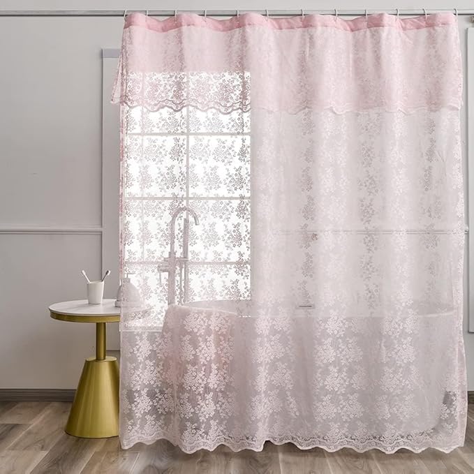 YJ YANJUN Long Girly Shower Curtains for Bathroom 72x84 Romantic Shabby Form Style Floral Lace Shower Curtain with Scalloped Edge Preppy Bath Curtain Fancy Shower Curtain Pink 84 inches Long