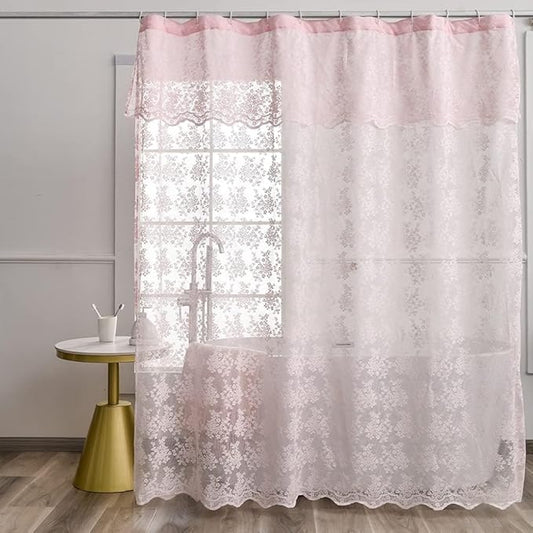YJ YANJUN Long Girly Shower Curtains for Bathroom 72x84 Romantic Shabby Form Style Floral Lace Shower Curtain with Scalloped Edge Preppy Bath Curtain Fancy Shower Curtain Pink 84 inches Long