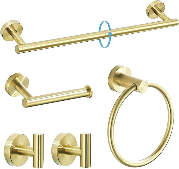 TURS Brushed Gold Bathroom Hardware Set 5 Piece, SUS304 Stainless Steel Bath Towel Bar Set, 24 Inch Bathroom Accessories Kit Wall Mounted