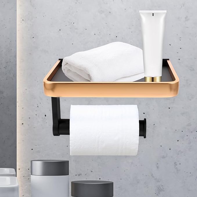 FRCOLOR Bathroom Storage Shelf Wall Mounted No-Drill Space-Saving Toilet Paper Holder with Phone Stand One-Layer Rack for Small Items Organizer