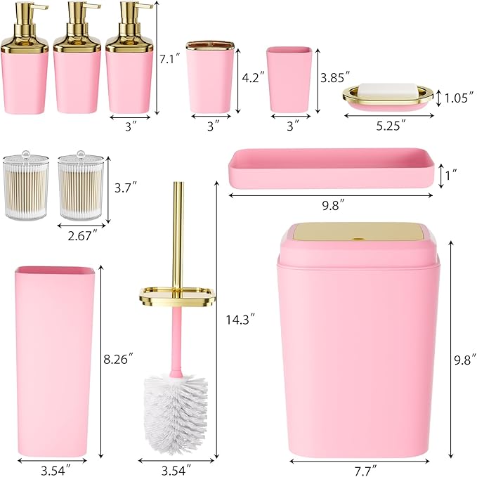 Bathroom Set — Bathroom Accessories Set, 11PC Bathroom Accessory Set, Pink Bathroom Set with Push-lid Trash Can, 3PC Soap Dispensers, Toilet Brush & Qtip Holders