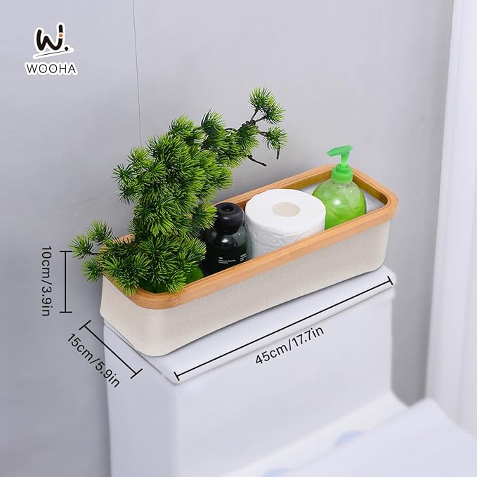WOOHA Bamboo Makeup Organizer for Vanity - Fabric Cosmetic Storage Bin for Bathroom Countertop, Slim Skincare Organizer for Perfume, Lotions & Beauty Brushes, Foldable Storage Container (Beige, Small)