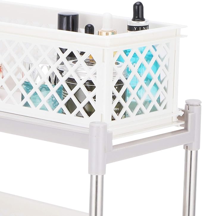 2 Layer Bathroom Sliding Basket Storage Cabinet, Bathroom Shelf with Pull Out Drawers, White Space Storage Rack for Supplies, to Inl No Dril Needed