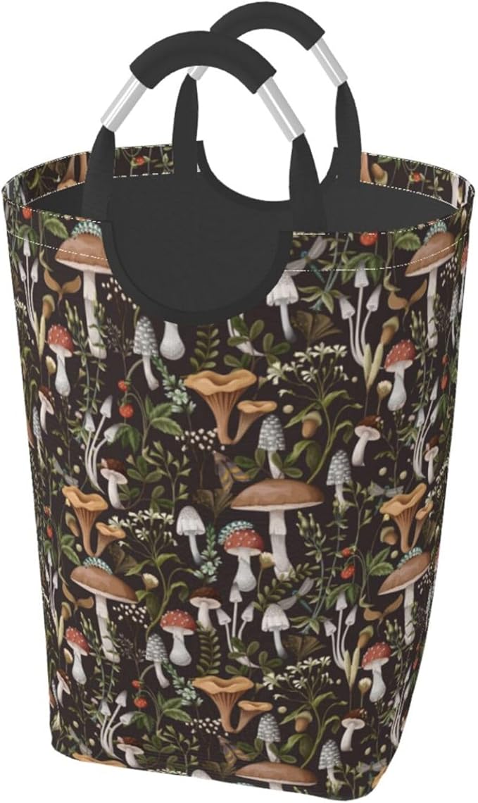Mushrooms Berries Laundry Basket - Black Foldable Hamper With Handles, Collapsible Plants Design, 50L Storage Bin for Dorm and Family