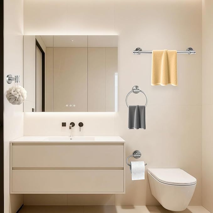 Bathroom Hardware Set 4 Piece, SUS304 Stainless Steel Bathroom Towel Rack Holder Set, Brushed Nickel Towel Bar Set-20 Inch Bathroom Towel Bar, Nickel Toilet Paper Holder, Hook for Bathroom, Towel Ring