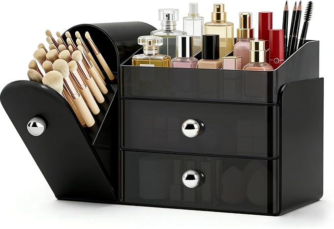 Makeup Organizer with Brush Holder, Large Cosmetic Storage, Skincare Organizer for Bathroom Countertop, Vanity Organizer for Lipstick, Perfume, Nail Polish, Mothers Day Gifts for Women(Black)