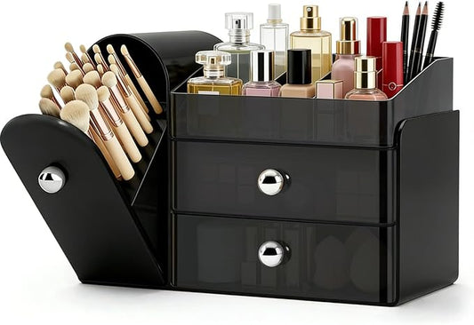 Makeup Organizer with Brush Holder, Large Cosmetic Storage, Skincare Organizer for Bathroom Countertop, Vanity Organizer for Lipstick, Perfume, Nail Polish, Mothers Day Gifts for Women(Black)