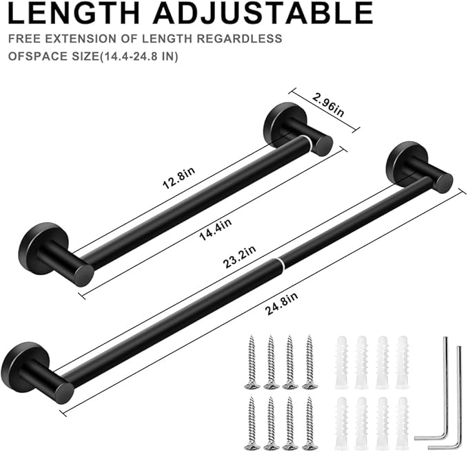 MGahyi 5 Pieces Bathroom Accessories Set, Stainless Bathroom Hardware Set, Extendable Towel Racks for Bathroom(12.8-24.8inch), Robe Towel Hooks Toilet Paper Holder Towel Ring (Black)