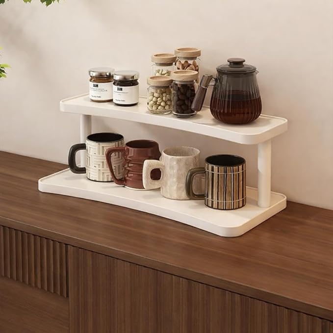 Bamboo Desktop Organizer Shelf – 2-Tier Wooden Storage Rack for Perfume, Makeup, Coffee Mugs – Natural Bamboo Display Stand for Vanity, Bathroom, Office (White, 2)